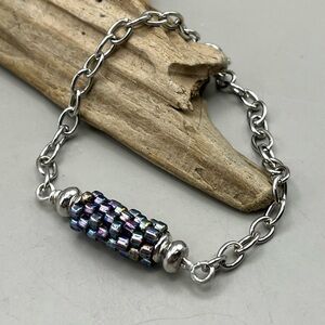 Iridescent Hand Beaded Bracelet Silver Tone Chain Artisan Jewelry